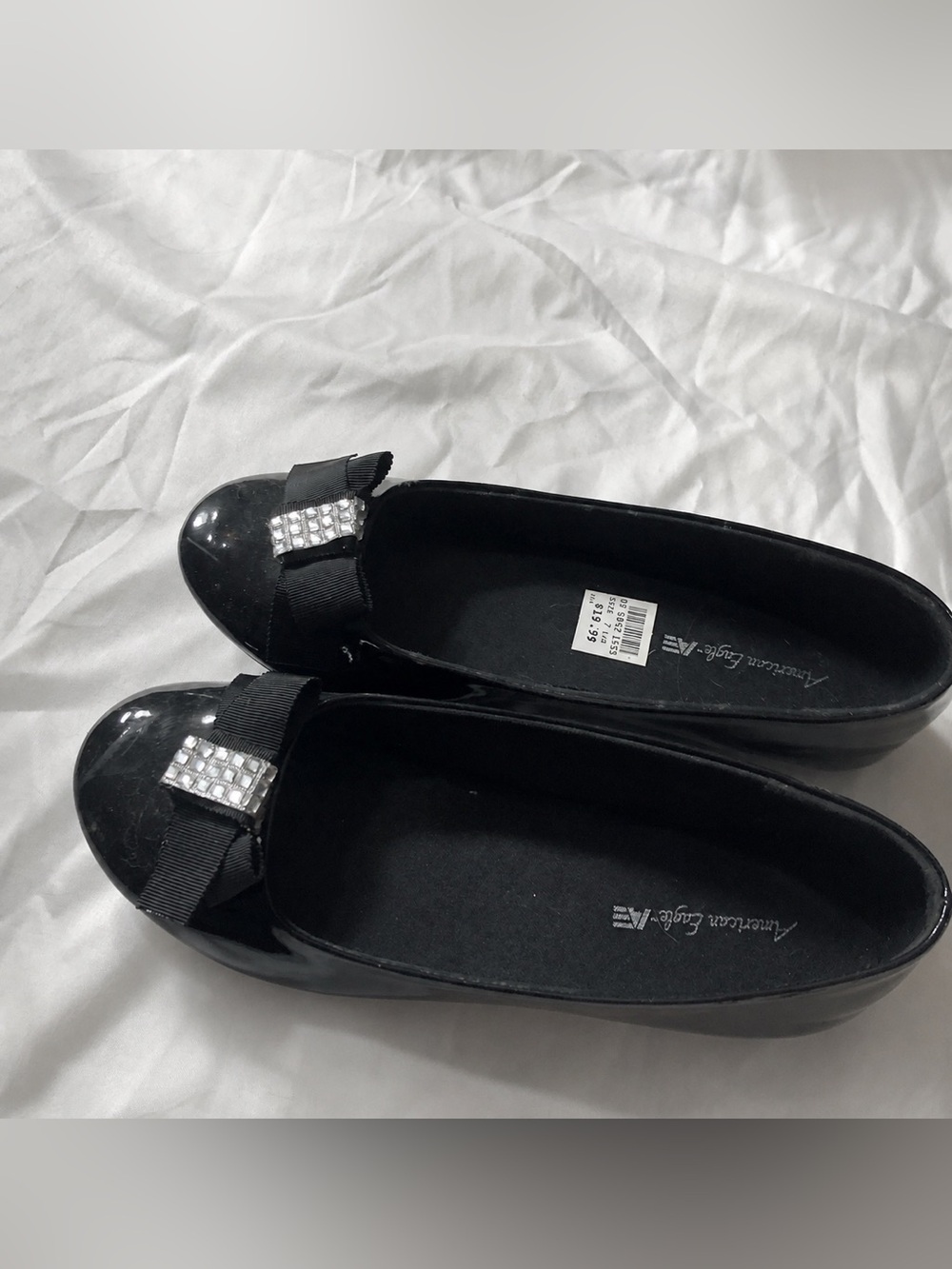 American Eagle Outfitters Black Patent Ballet Flats with Rhinestone Bow Accent